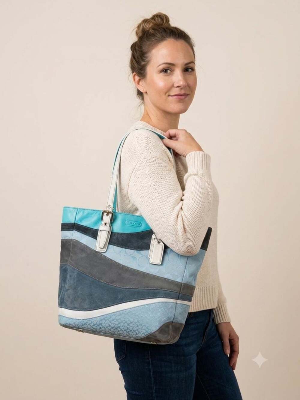 Vtg Y2k Autre Marque Coach multicolored Leather Canvas Suede Tote Bag F10652